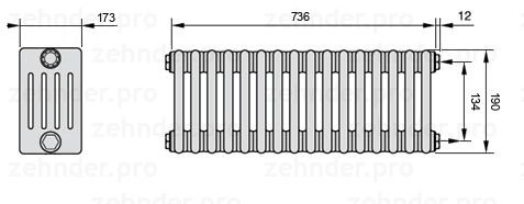 Схема (чертеж) Радиатор Zehnder Charleston 5019/16 №7610 Белый глянцевый RAL 9016